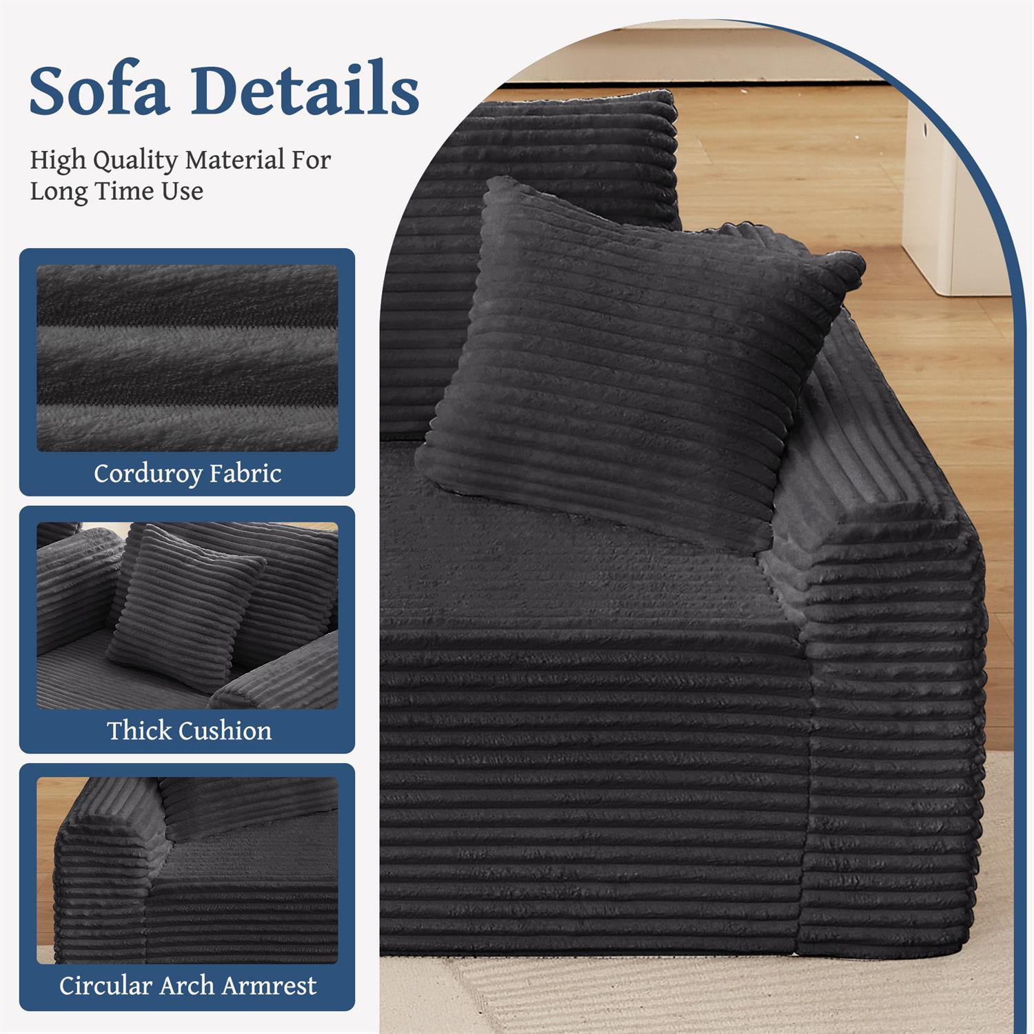 Demi Bonn 103" Cozy Corduroy Sectional Sofa with Arched Armrests, Non-Slip Base, 3 Back Cushions and 2 Throw Pillows, Full-Compression Chaise Lounge Couch Set, Gray