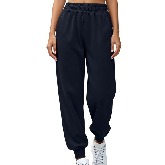 Women's Wide Ribbed Waistband Jogger Sweatpants Side Pockets Elastic Cuffs Loose Balloon Tapered Silhouette for Gym Training Navy a S
