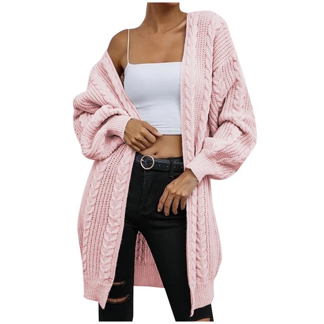 IROINID Women's Open Front Cardigans Sweater Solid Color Casual Mid-Long Long Sleeve Knitting Cable Sweaters Tops
