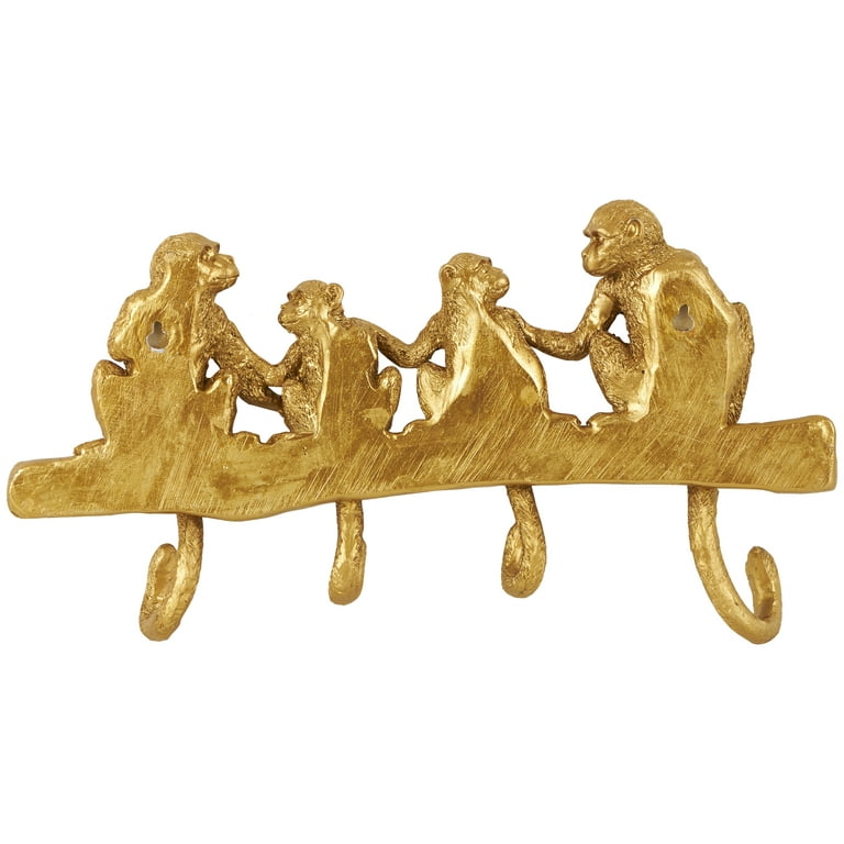 Decmode 15 inch x 8 inch Gold Polystone Textured 4 Hanger Monkey Wall Hook, 1-Piece