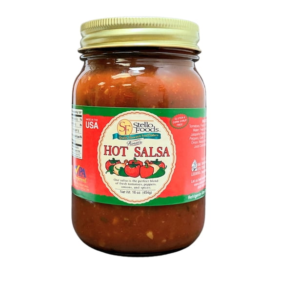 Stello Foods - Rosie's Hot Salsa 16 oz, Gluten Free, No Corn Syrup, Low Calories, Fat Free, Cholesterol Free, Low Sodium, PA Preferred, No Added Sugars, Vegan, Vegetarian