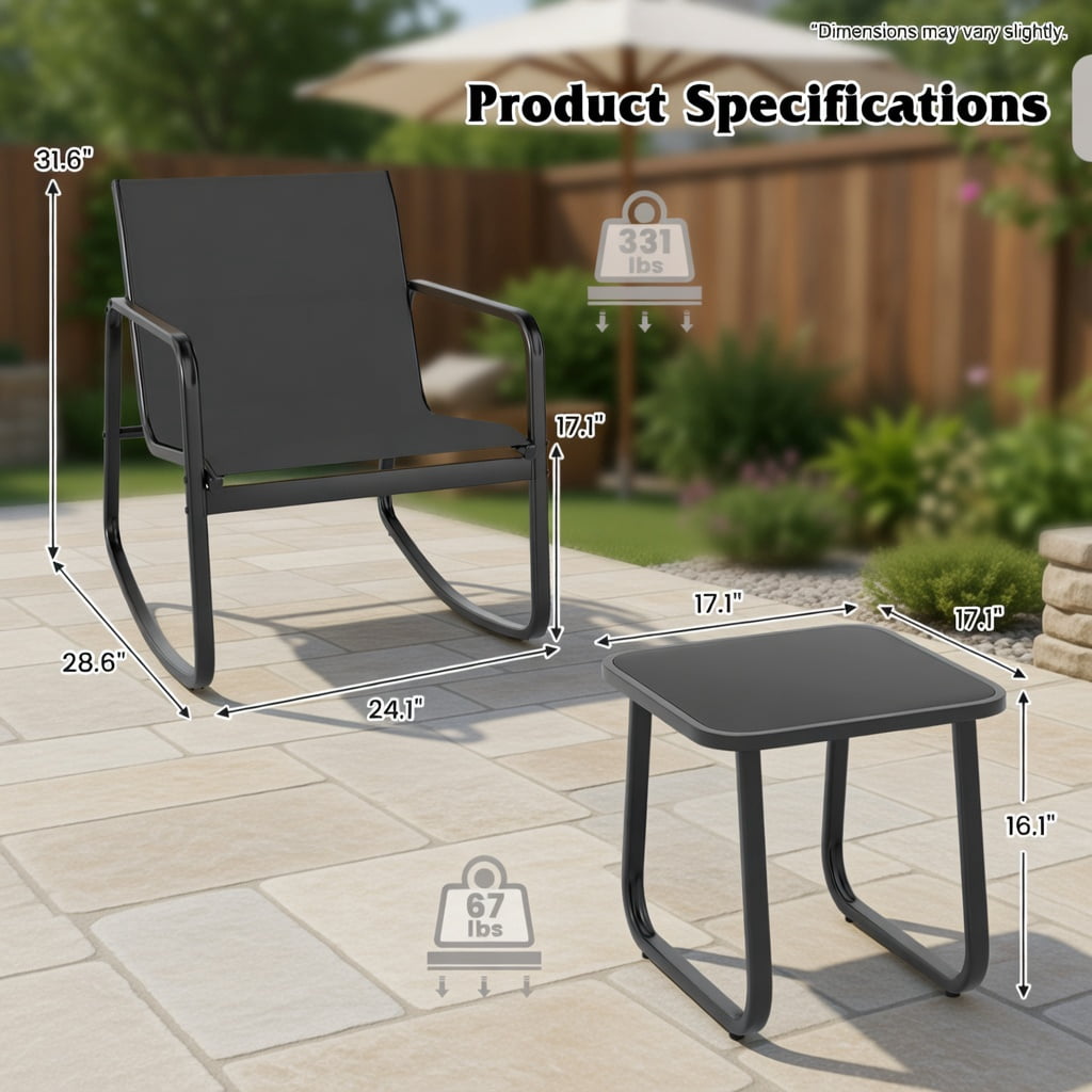 Hommoo 2-Piece Rocking Bistro Set with Tempered Glass Table, Outdoor Patio, Balcony & Backyard Seating for Adults, Black