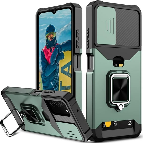 for Samsung A03S Case with Sliding Camera Cover Heavy Duty Protective Galaxy A03S Case with Card Holder Magnetic Rotate Ring Kickstand Phone Case for Samsung Galaxy A03S(Green)
