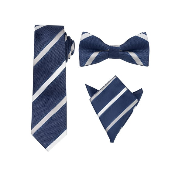 INSPIRE CHIC Men's Stripes Tie Set Self-Tied Necktie Pre-Tied Bow Ties Pocket Square Sets for Formal Blue Gray Stripe