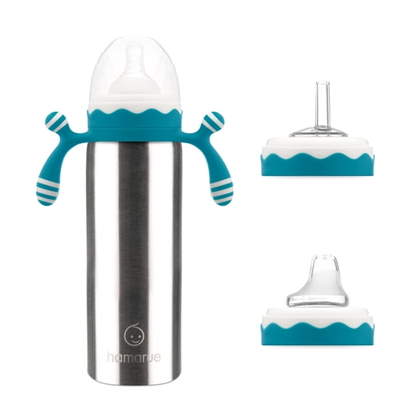 Hamarue Deluxe 3-in-1 Stainless Steel Sippy Cups for Babies & Toddlers | Non-Toxic Insulated Baby Bottle | BPA-Free | Ages 3M  | Evolving Feeding Solution