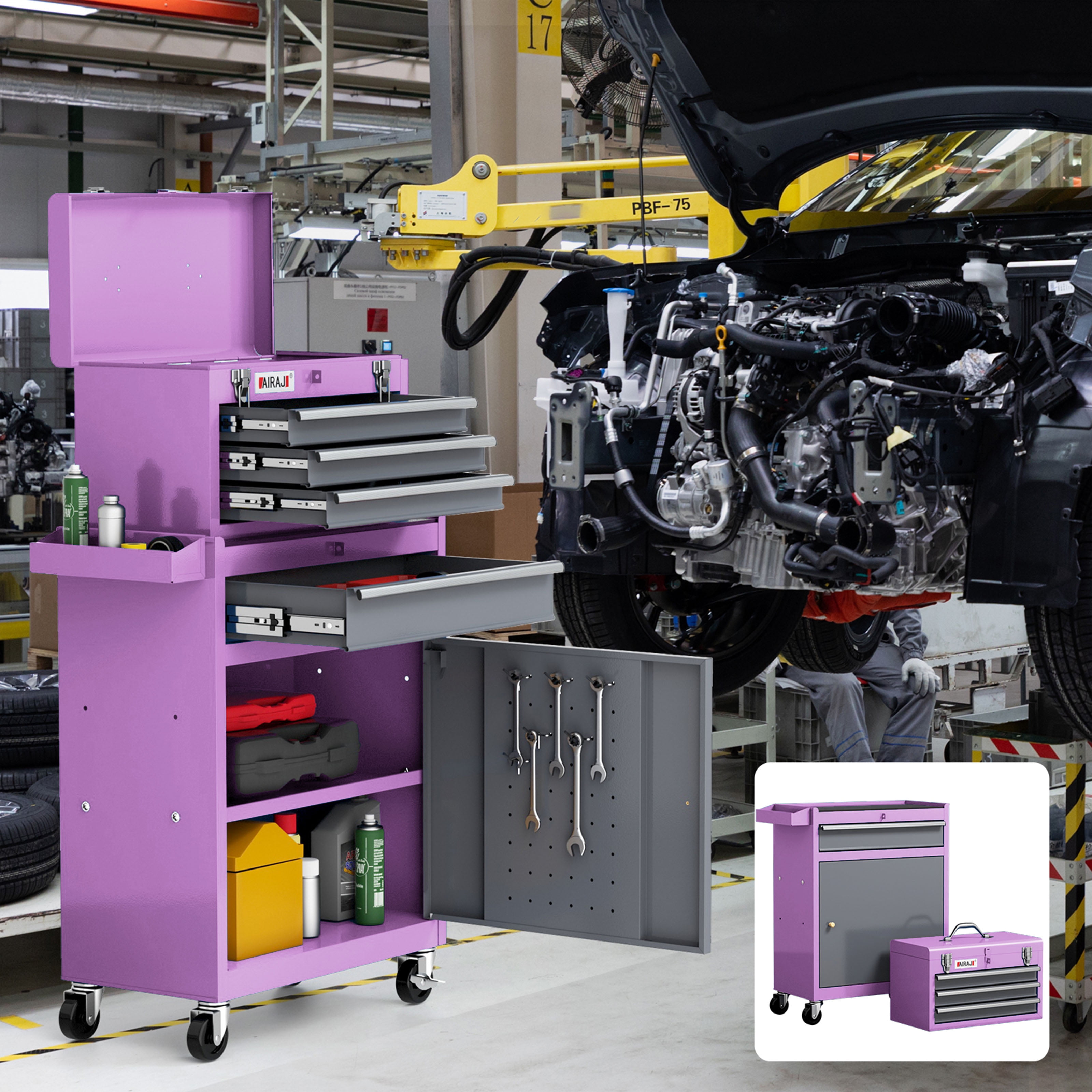 AIRAJ 40" Rolling Tool Cabinet with 4 Drawers, Heavy Duty Metal Tool Chest with Detachable Top Box, Lockable Mobile Storage Organizer for Mechanic, Garage & Professional Workshop (Purple)