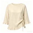 thumbnail image 6 of thefmos Women's Fall 3/4 Sleeve Ruffle Blouses Round Neck Drawstring Ruched Tops Casual Boho Pullover Shirts Solid Fashion Clothes for Vacation, Beige L, 6 of 6