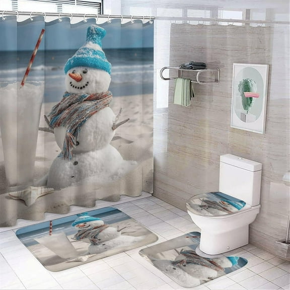 Bathroom Set, Snowman Bech Printed Bathroom Set,Bathroom Set 4-Piece Set,Bathroom Set with Shower Curtain Sets and Carpet