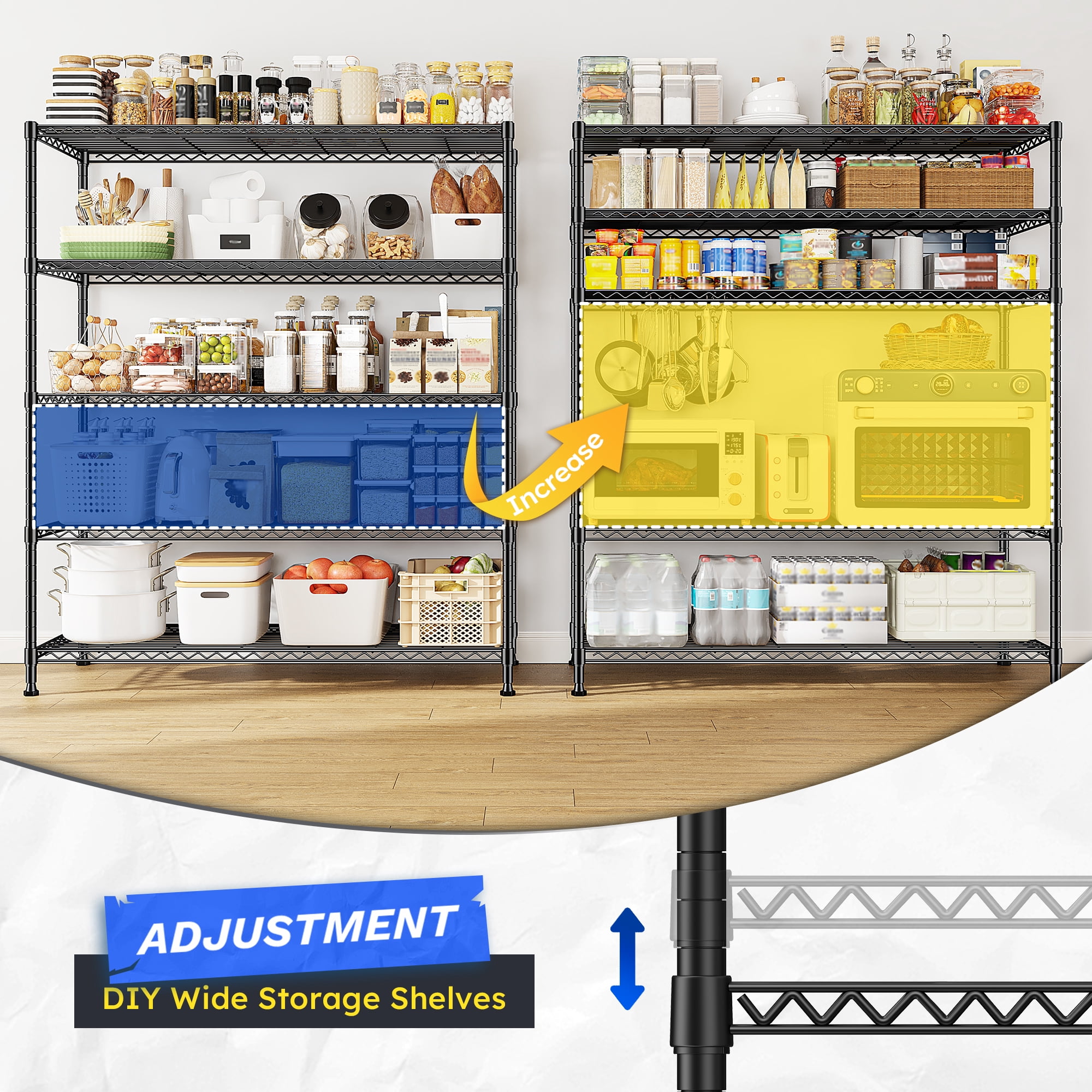 REIBII 5-Tier Heavy Duty Metal Wire Shelving Unit,1000lbs Capacity,45 "W x 70.5 "H x 13.5 "D，Adjustable Steel Storage Rack for Garage, Kitchen & Pantry