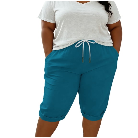 QTBIUQ Women Plus Size Capri Shorts Drawstring Elastic Waist Casual Pocket Shorts Solid Color Comfort Shorts Lounge Wear Summer Shorts