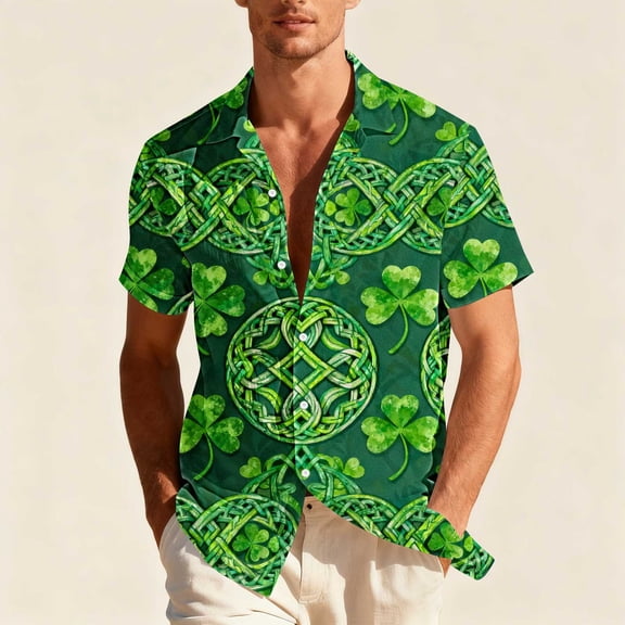YueHuiYing St. Patrick's Day Hawaiian Shirt for Men Irish Printed Casual Short Sleeve Button Down Beach Shirts
