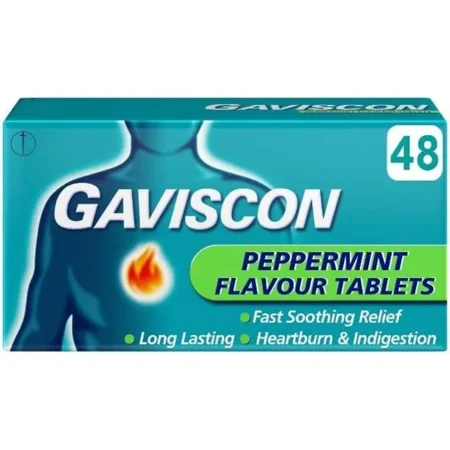 Gaviscon Heartburn and Indigestion Relief Peppermint Tablets, 48-Count Pack