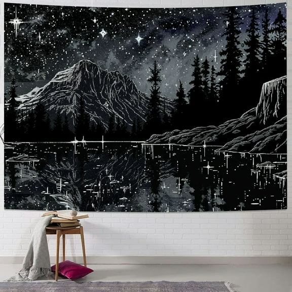 Creowell  Black and White Tapestry Starry Night Mountain Tapestries for Bedroom Aesthetic Moon and Stars Tapastry's Wall Hanging Dark Nature Forest Wall Tapestry for Living Room 40x30inch