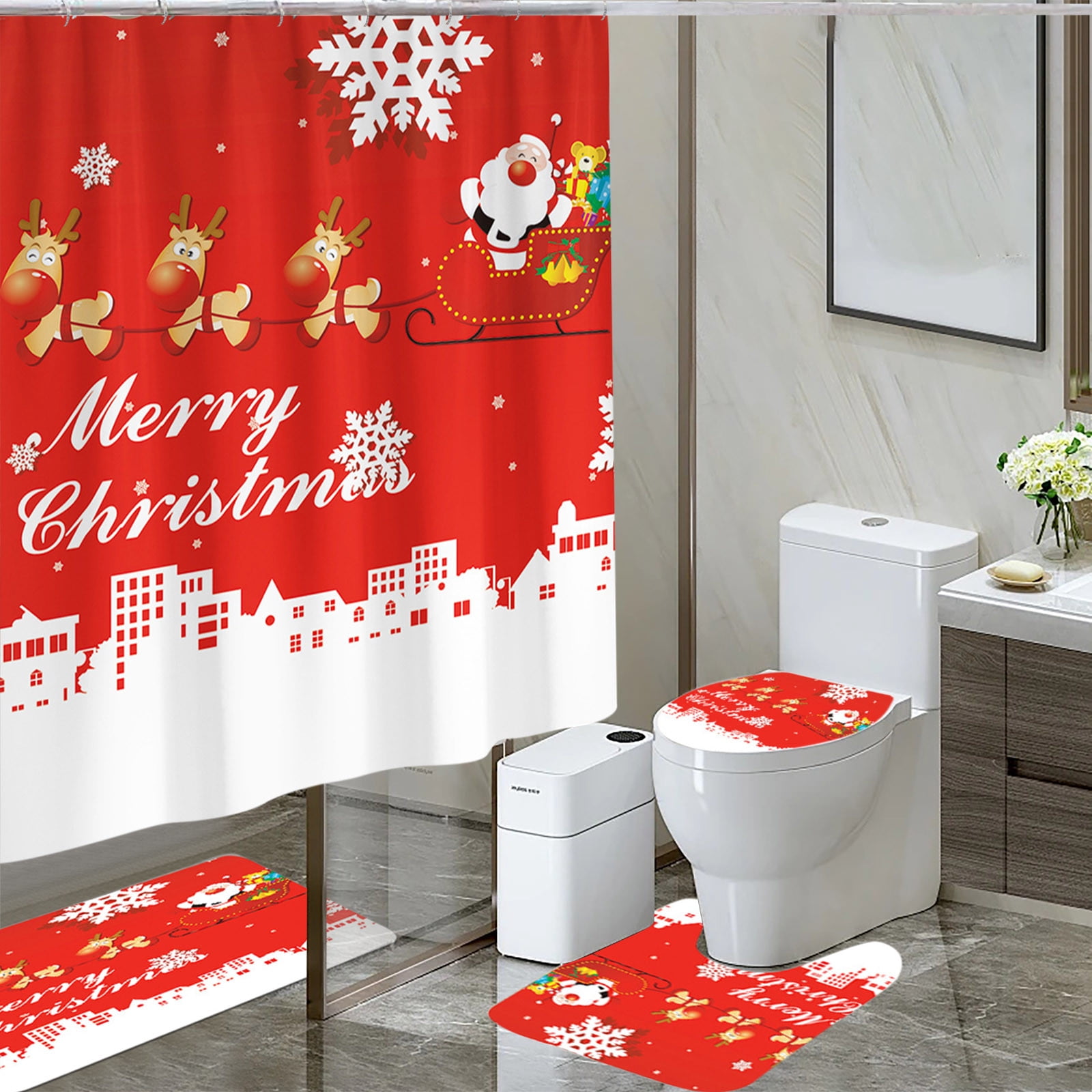 Tyidzon 4Pcs Christmas Shower Curtain Set with Non-Slip Bathroom Rugs Toilet Lid Cover U-Shaped Mats for Home Bathroom Xmas Decor, Waterproof Shower Liner 71x71"