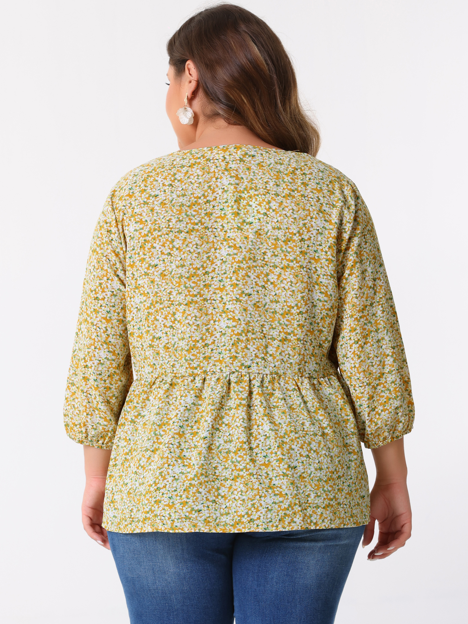 Unique Bargains Women's Plus Size V Neck Flowy 3/4 Sleeve Floral Blouse 2X Yellow