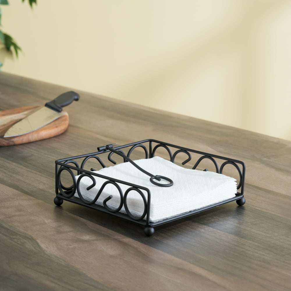 Scroll Collection Flat Napkin Holder with Weighted Pivoting Arm, Black