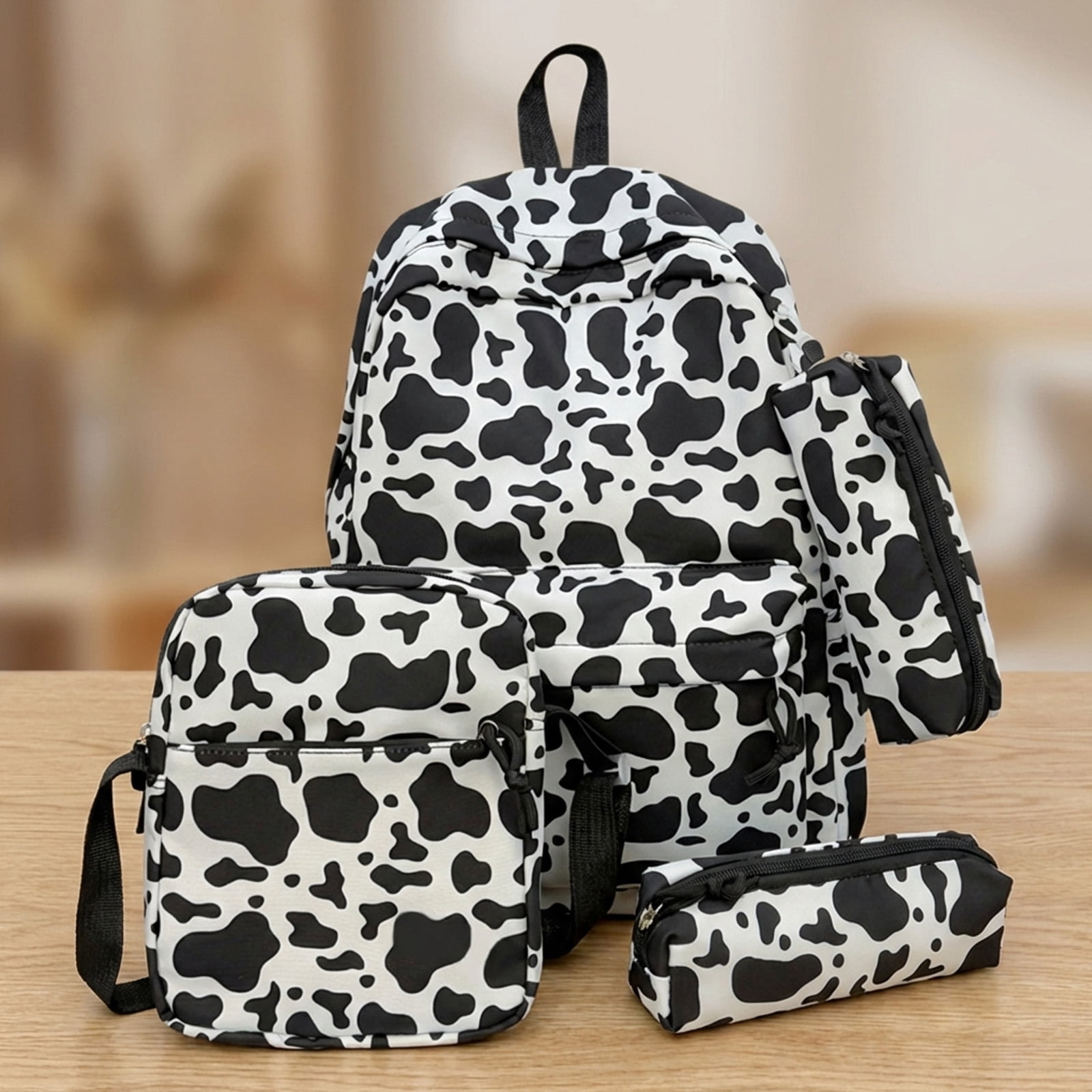 HUISZJ 3-In-1 School Backpack Set, Large Capacity School Backpack with Lunch Box, Versatile School Bag for Student College, Cow Print