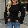 thumbnail image 2 of Zpanxa Womens Casual Boat Neck Flare Long Sleeve Blouse Fitted Solid Top Side Pleat Pullover for Daily Outfits, 2 of 5