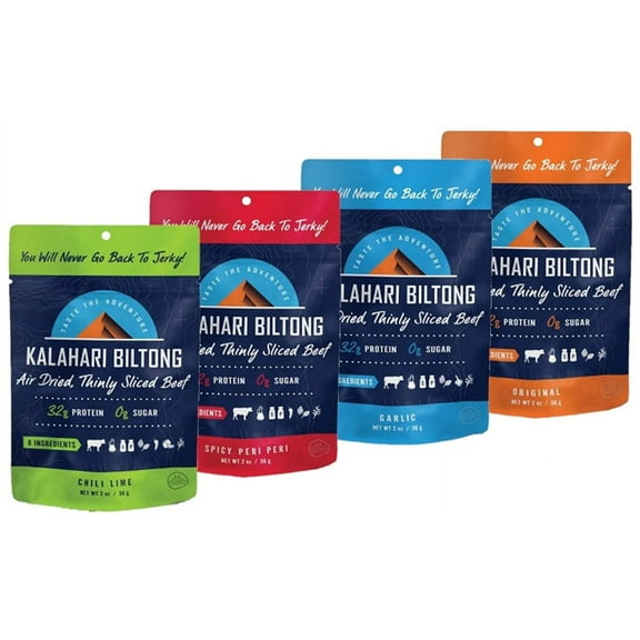 Variety Pack Kalahari Biltong, Air-Dried Thinly Sliced Beef, 2oz (Pack of 4), Sugar Free, Gluten Free, Keto & Paleo, High Protein Snack