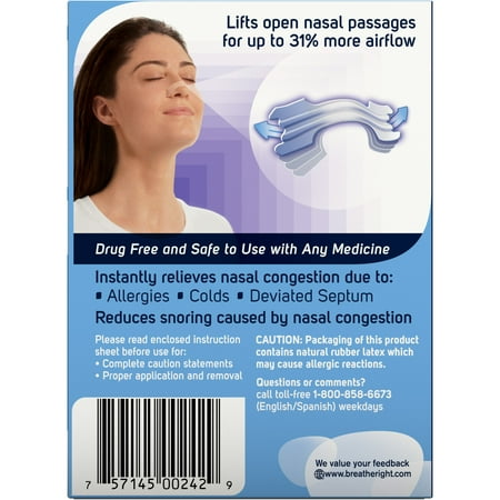 Breathe Right Original Clear Nasal Strips, Nasal Congestion Relief due to Colds & Allergies, Small/ Medium, Clear for Sensitive Skin, Drug-Free, 30 count