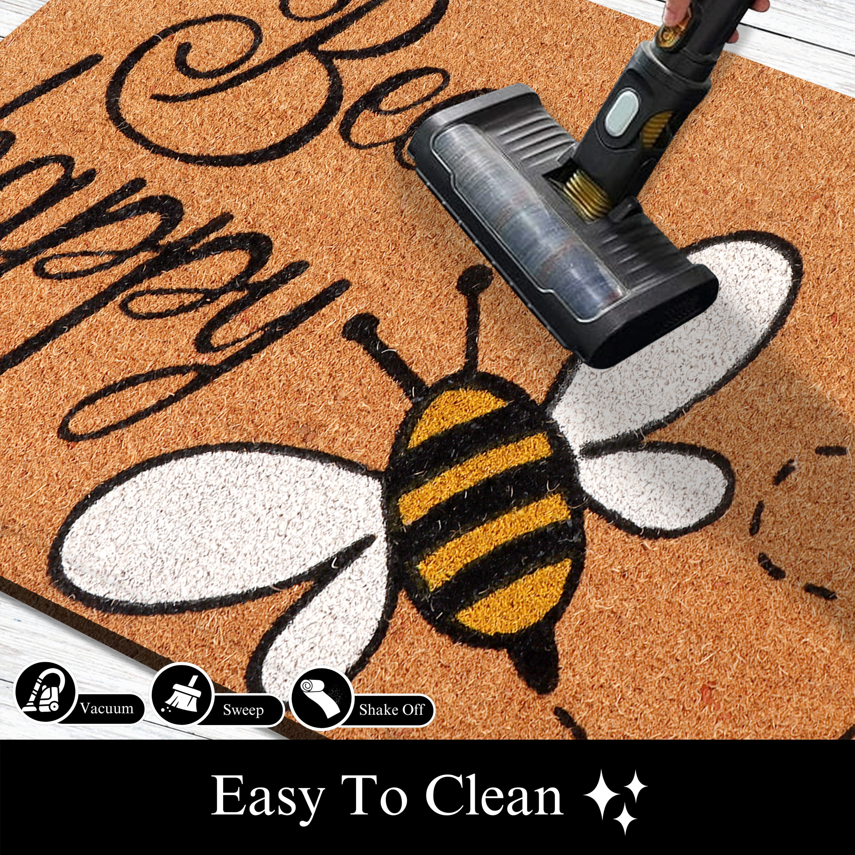 A1HC Natural Coco Coir Doormat, Bee Happy, 18"x30", Durable Outdoor Welcome Mat, Non-Slip, Easy to Clean, Pet Friendly