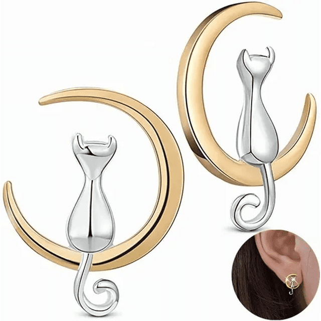 Aretes De Plata S925 Luna Y Gato Diseño Malubero Malu1745