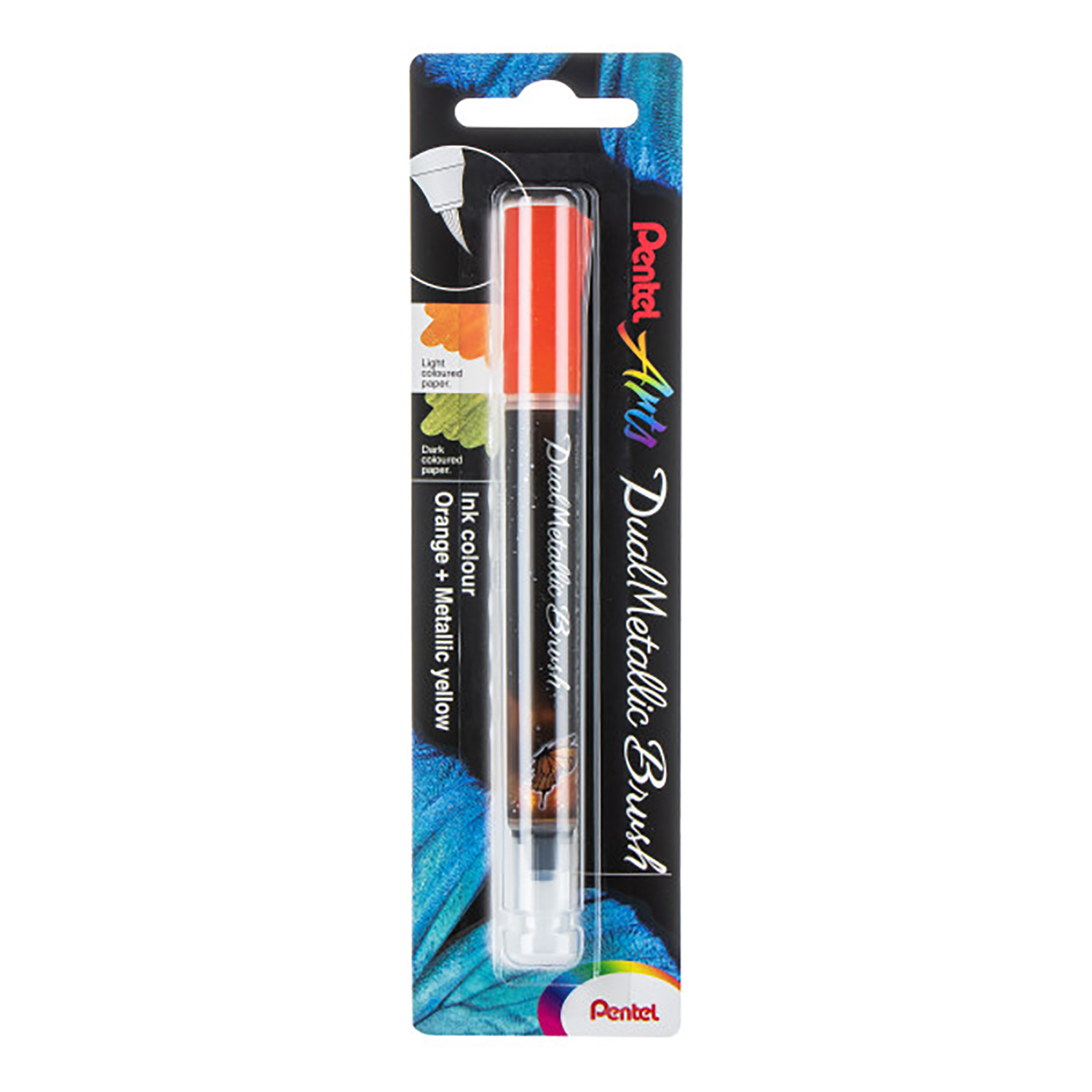 Pentel Arts DualMetallic Brush, Orange/Metallic Yellow Ink, Pack of 3
