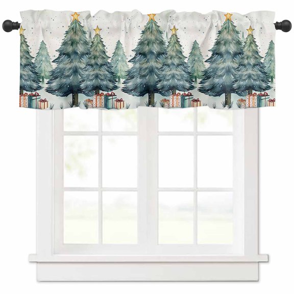 Watercolor Green Valances for Windows, Christmas Tree Light Filtering Window Treatment Valances, Rod Pocket Small Curtains for Kitchen/Bathroom, 60"x14"