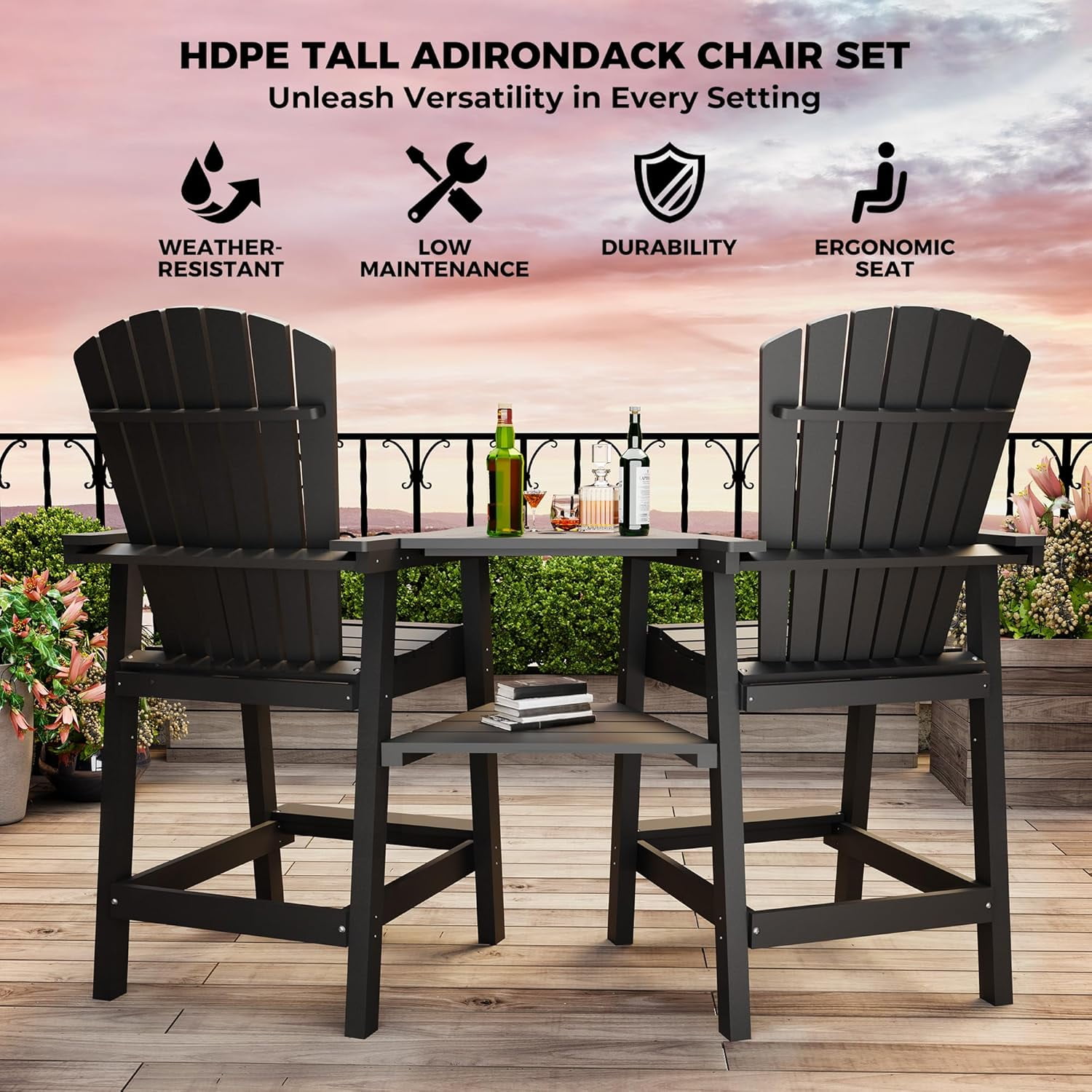Outdoor Bar Height Adirondack Chairs with Connecting Tray,Balcony Chairs Recycled Poly Adirondack for Deck,Backyard,Outdoor Tall Adirondack Chairs Weather Resistant