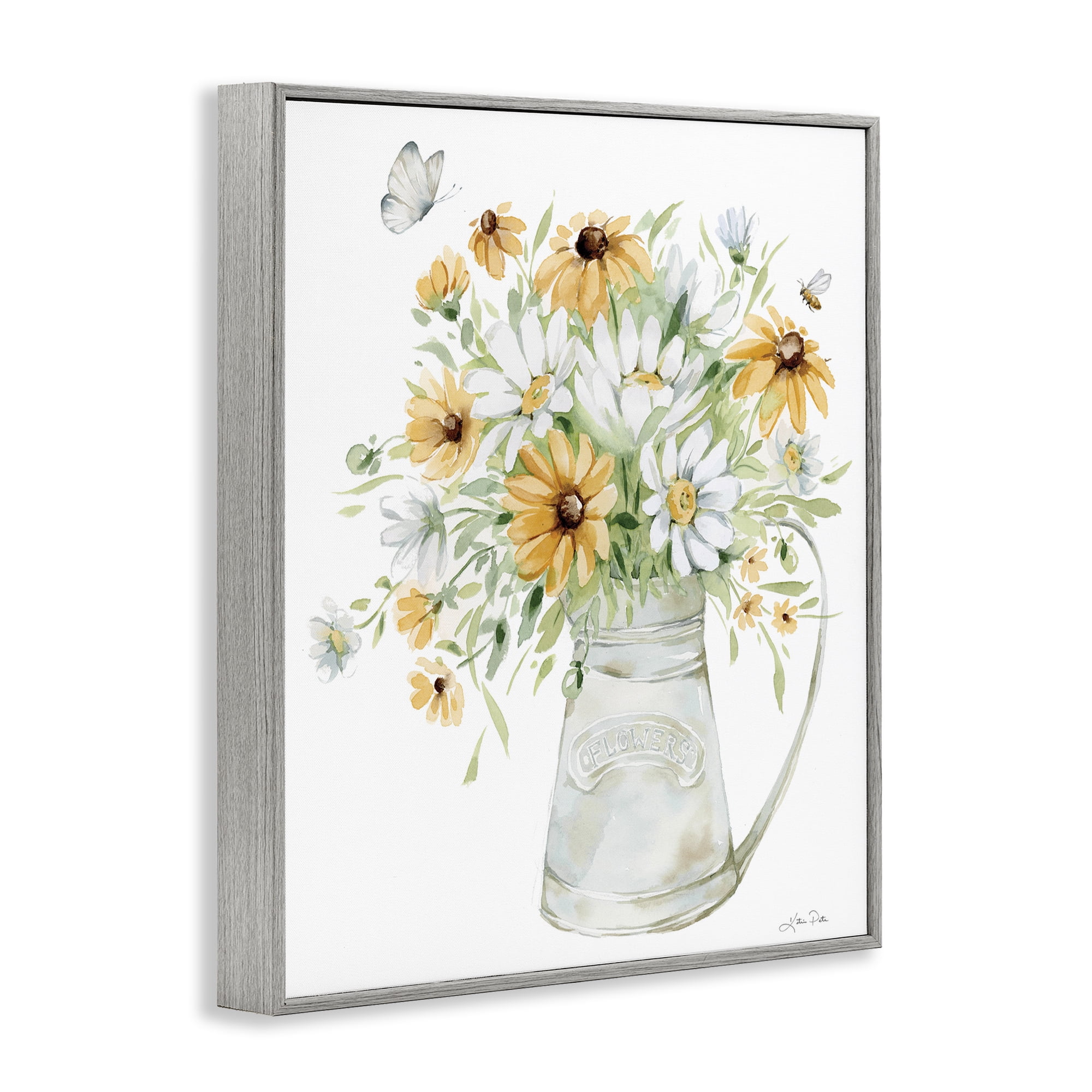 Stupell Industries Sunflowers & Daisies Vase Botanical & Floral Painting Gray Framed Art Print Wall Art, 16 x 20