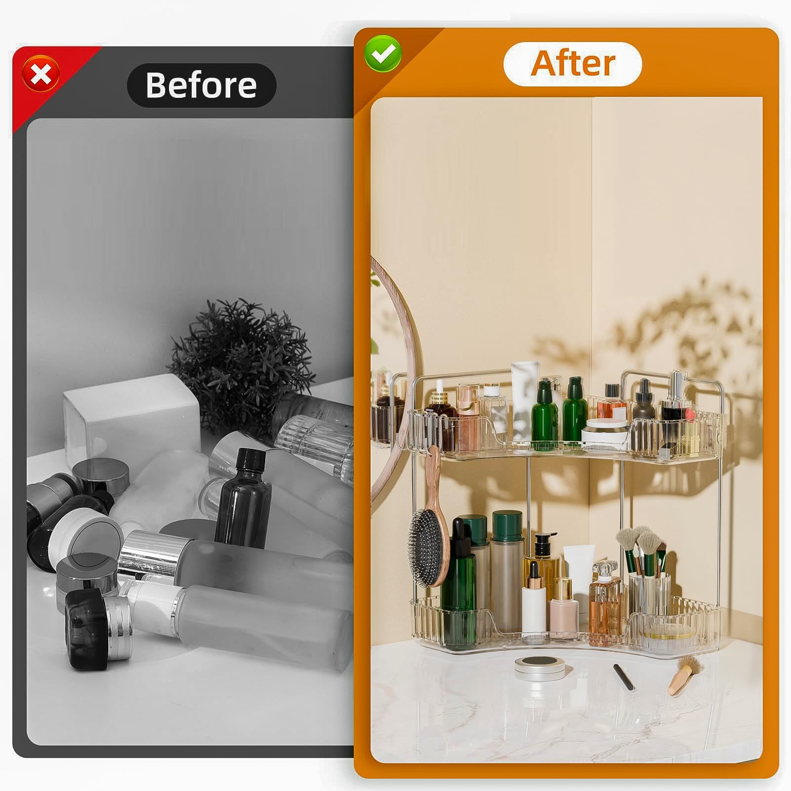 Subekyu 2 Tier Bathroom Counter Organizer Countertop,Plastic Bathroom Counter Organizer, Vanity Tray Sink Shelf with Hooks, for Makeup Storage (Clear)