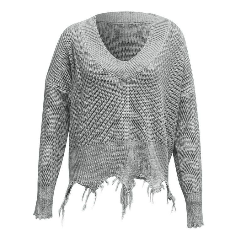 KmaiSchai Long Sleeve Deep Cowl Neck Top Women Loose Casual V Neck Pullover Hem Fringe Solid Color Knit Sweater Pullover Sweater Women Loose Knit V Neck Sweater Women Walmart