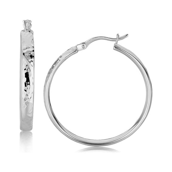 Sterling Silver Hammered Hoop Earrings Rhodium Plating (30mm)
