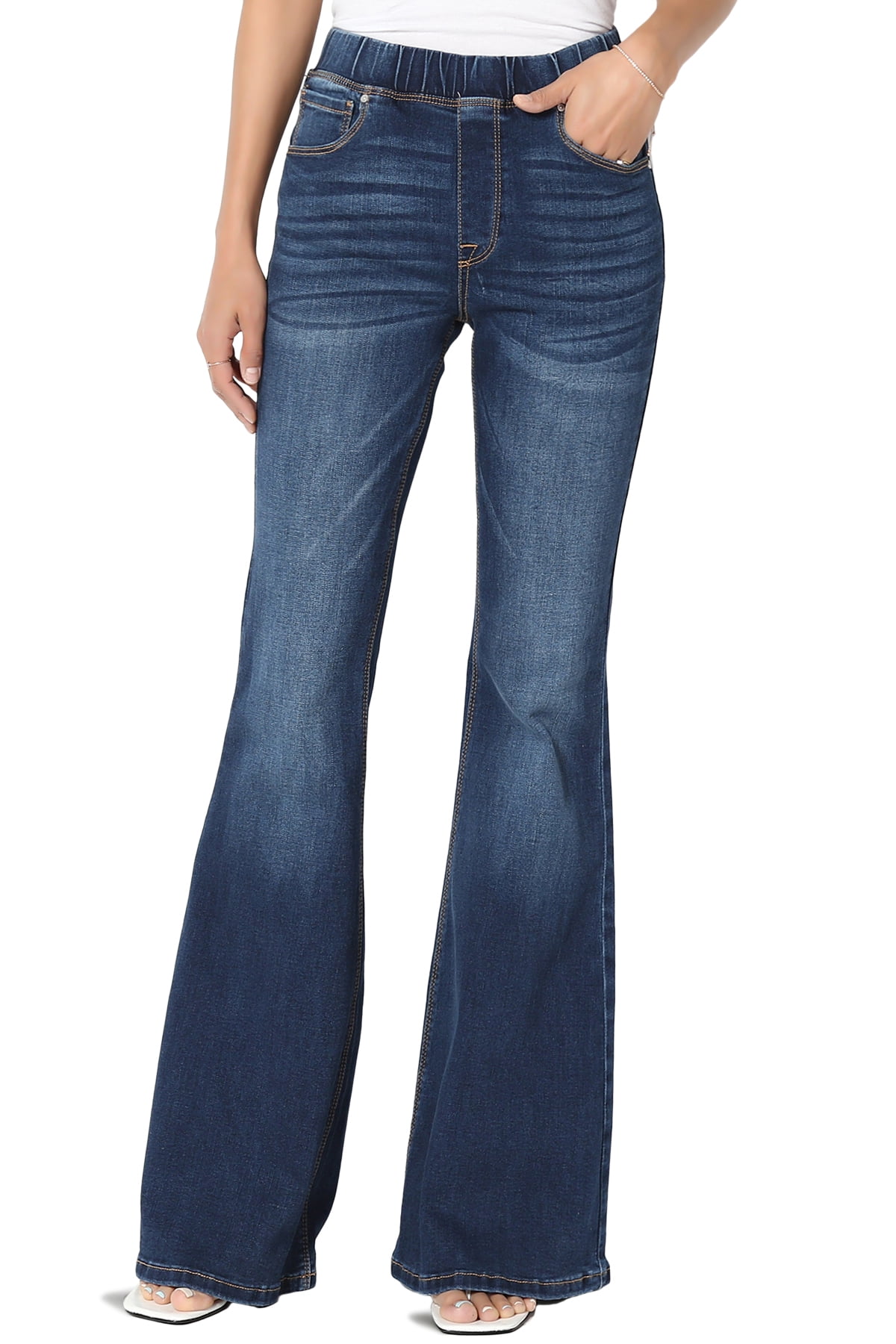 TheMogan Women s S 3X Elastic Waist High Rise Stretch Denim Long Flare 