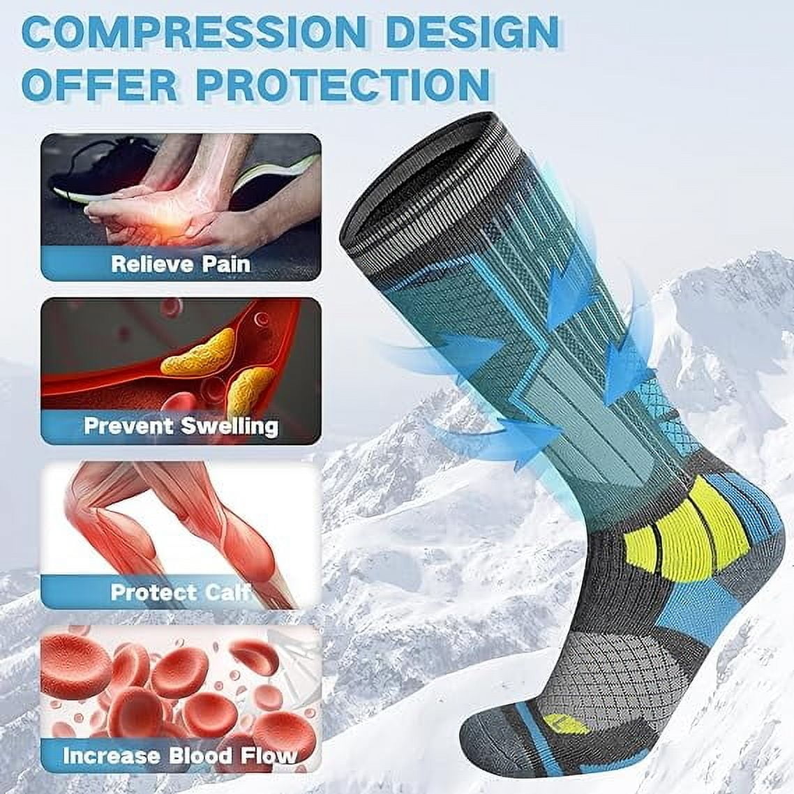 2 Pairs Merino Wool Ski Socks, Men Women Compression Snowboard Winter Thermal Socks for Skiing, Snowboarding, Cold Weather, Winter (Greyblue USA Size 6.5-8)