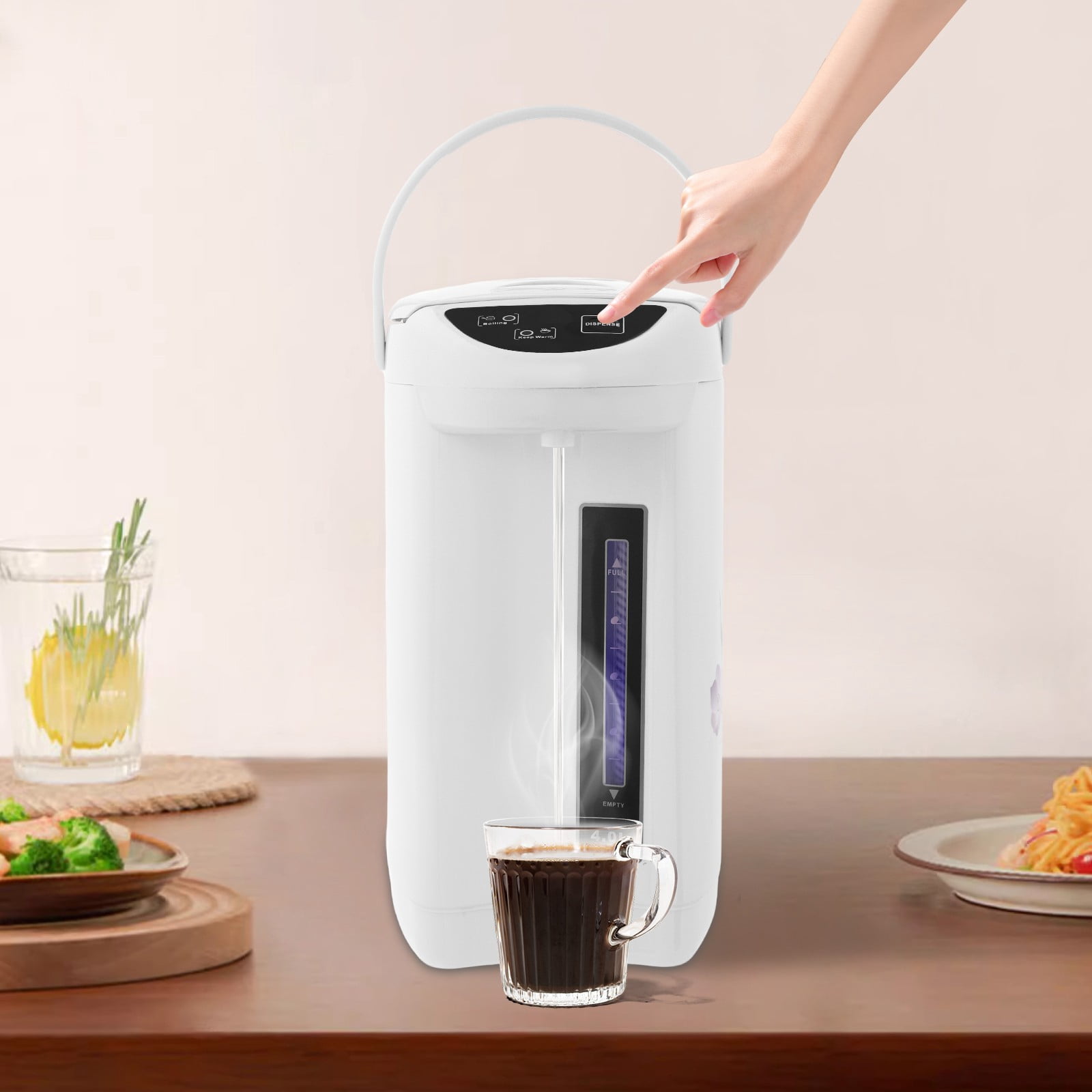 4L Electric Water Boiler Dispenser 750W, 20 Min Fast Boil, 24H Keep Warm, 3 Modes Button/Touch/Manual, with Anti-Dry Burn Protection, Water Level Window, 304 Stainless Steel (White)