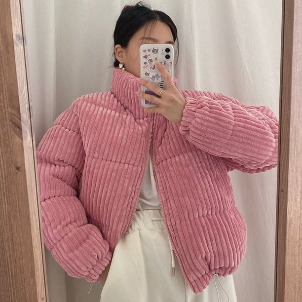 Chaqueta corta de algodón de pana suelta con diseño de cuello alto que ilumina la piel de otoño e invierno para mujer