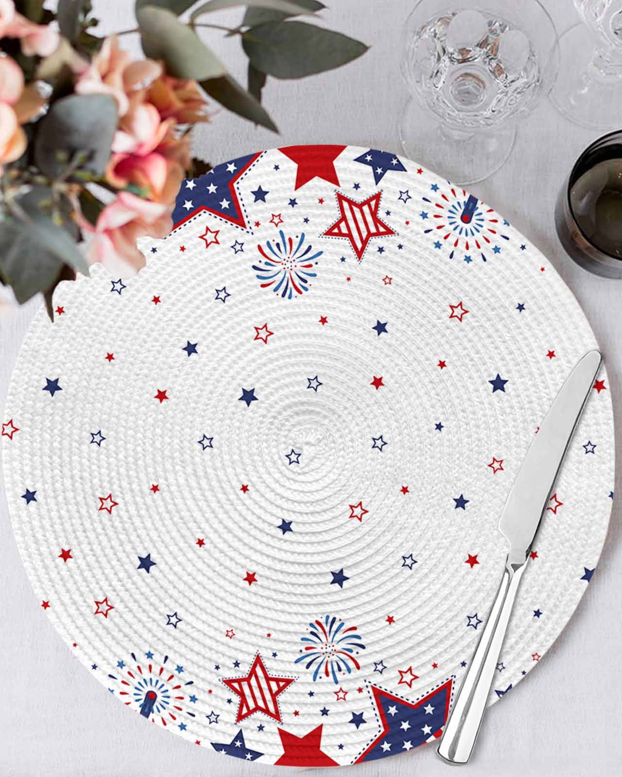 4th of July Round Table Placemats set of 6, Patriotic Red Blue Stars Fireworks Washable Woven Place Mats for Dining Tables Kitchen Party Decor,Heat Proof, 13in, White