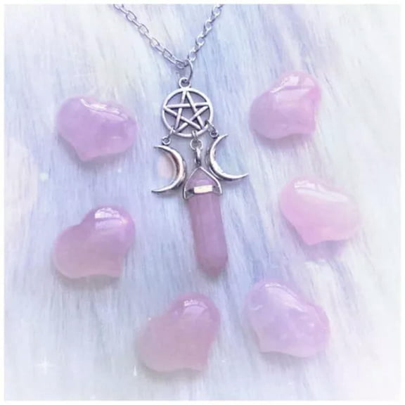 K-KED Natural Hexagonal Prism Quartz Crystal Pendant Necklace Moon Pentagram Necklace-Pink