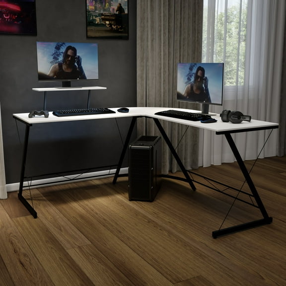 Emma   Oliver L-Shaped Computer White Desk, Gaming Desk, Home Office Desk, Black Frame