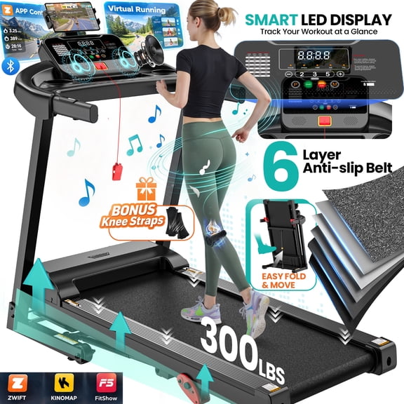 300 lbs Portable Folding Treadmill, 3.5 HP Foldable Compact Treadmill for Home Office, Walking Running Treadmill with LED Display for Exercise, Treadmill with 10% Incline, 71 Programs