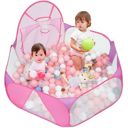 Eocolz Kids Ball Pit Large Pop Up Childrens Ball Pits Tent for Toddlers Playhouse Baby Crawl Playpen with Basketball Hoop and Zipper Storage Bag, 4 Ft/120CM, Balls Not Included (Pink)