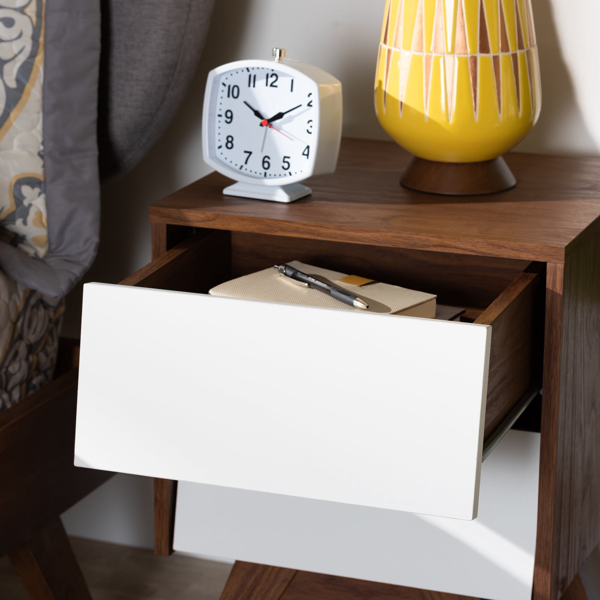 Halfrida Mid-Century Modern White and Walnut Wood 2-Drawer Storage Nightstand by Bellamy Studios