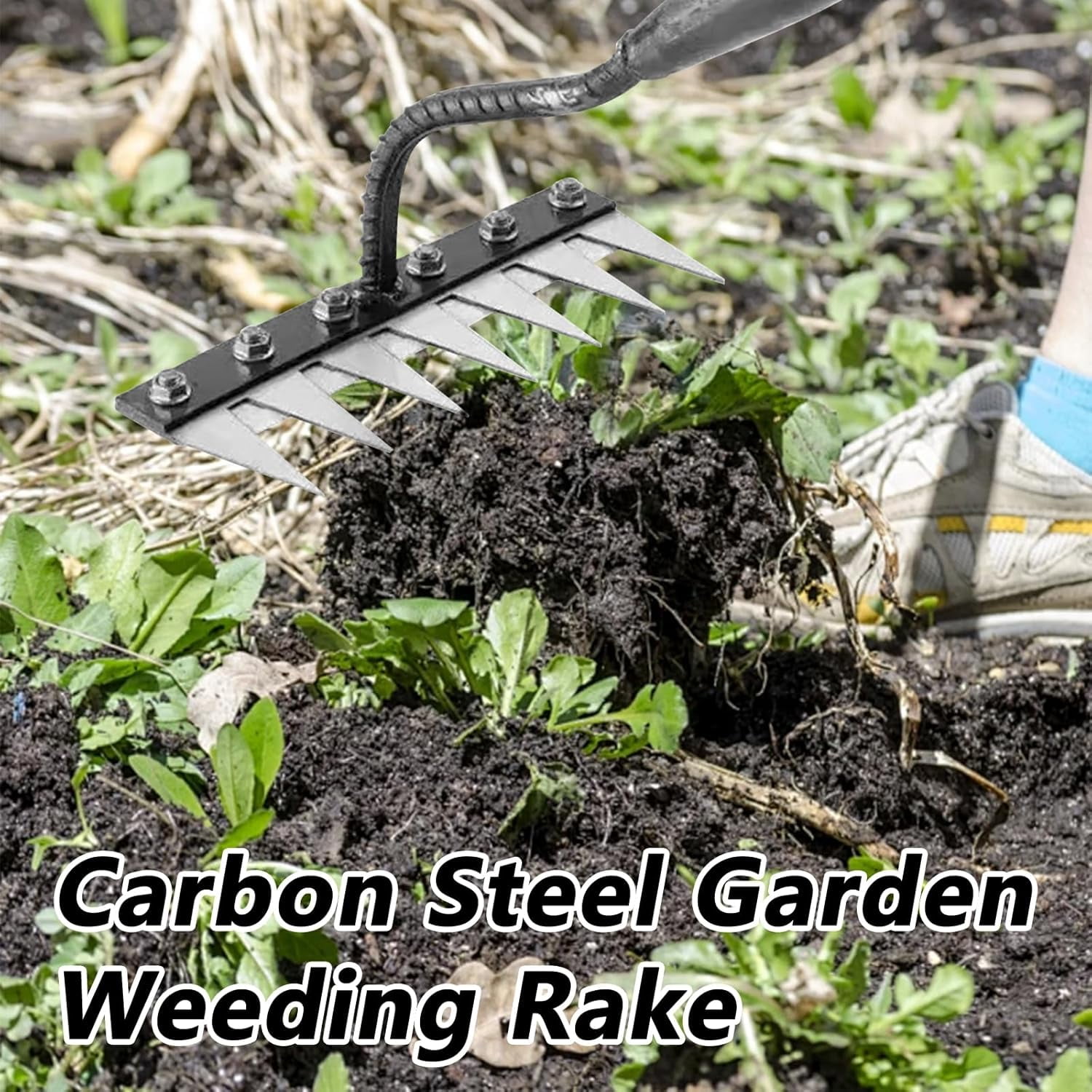 Gardenia Iron Weeding Rake, Iron Rake 2.0, 5/6/7/8 Teeth Carbon Steel Garden Weeder Rakes, Weeding Rakes for Dethatching, Gardening and Backyard Lawn Loosening Weed Tools (6 Tooth)