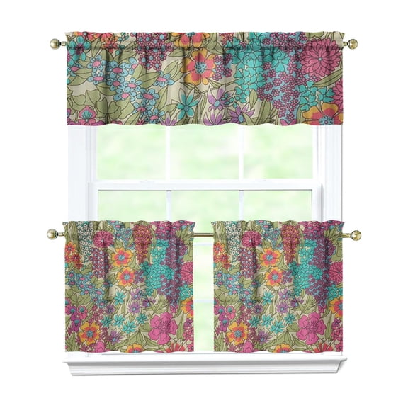 Colorful Floral Kitchen Curtains Set Botanical Bloom Butterfly Wildflower Bee Artistic Bright Garden Spring Summer Rustic Tier and Valance Curtains