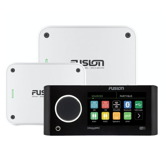 Fusion MS-RA770 Apollo Marine Entertainment System With Fusion MS-AP41200 Apollo 4 Channel and MS-AP12000 Mono Amplifiers