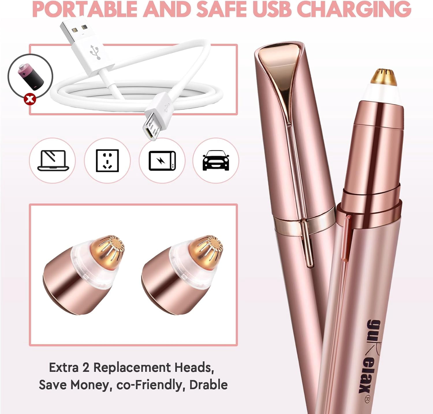 Eyebrow Trimmer for Women, Rechargeable Eyebrow Hair Remover, Painless Electric Razor with 2 x Replacement Heads, Eye Brow and Face Epilator Hair Removal (Rose Gold)