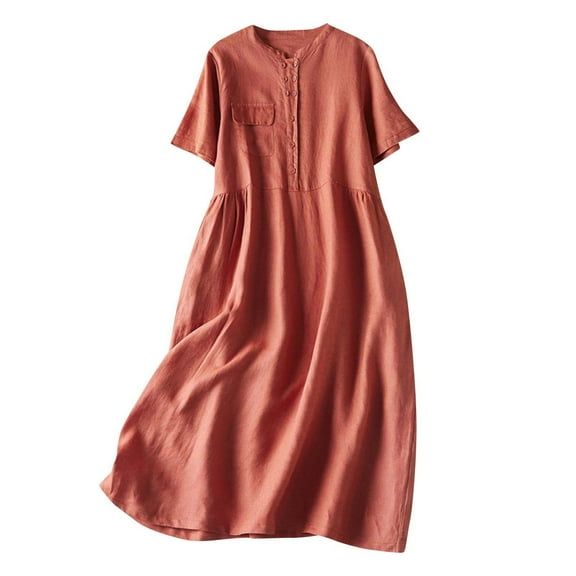 hotojiny Spring Dresses for Women Cotton Linen Short Sleeve T-Shirt Dress Crew Neck A-Line Flowy Tunic Dresses