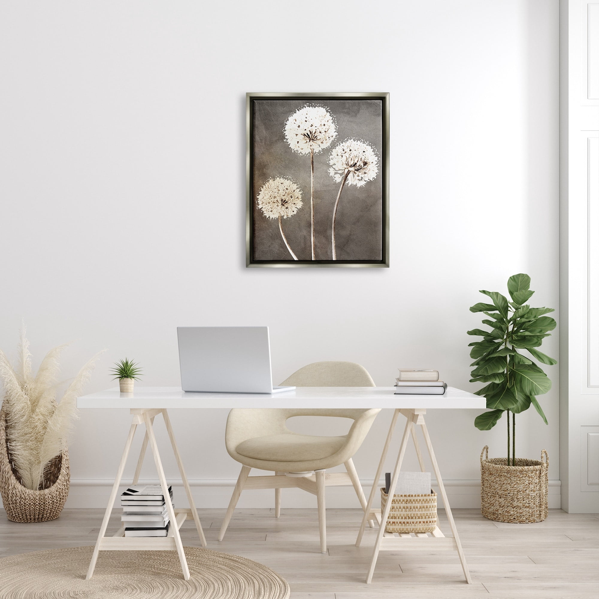 Stupell Industries Fluffy Dandelion Plants Wildflower Botanical Blooms Graphic Art Luster Gray Floating Framed Canvas Print Wall Art, Design by Kim Allen