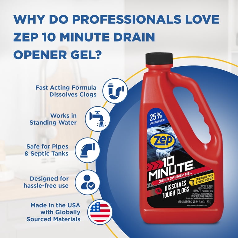 Zep Commercial Strength Drain Opener Gel, Safe for All Pipes, 64oz